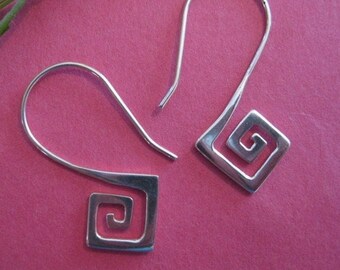 Sterling silver swirl hoop earrings~ Geometric, square swirls, petite hook earrings, boho jewelry