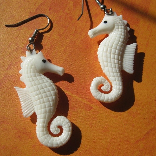 Seahorse Earrings in Hand carved bone~ Ocean nautical themed, sea travel, tribal style, surgical steel ear wires