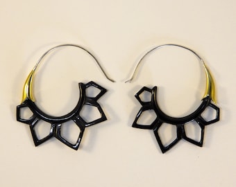 Honeycomb Lotus Earrings~ Hand carved horn set in yellow brass with sterling silver ear wires, boho tribal punk style jewelry