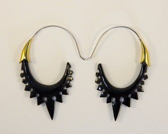 Stegosaurus Spike Earrings~ Hand carved horn set in yellow brass with sterling silver ear wires, boho tribal punk style jewelry