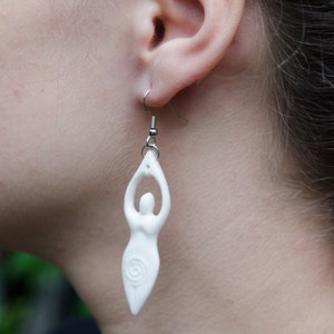 Carved Goddess Earrings Hand carved cow bone, curvy goddesses, surgical steel ear wires, boho jewelry, sacred spiral swirls image 2