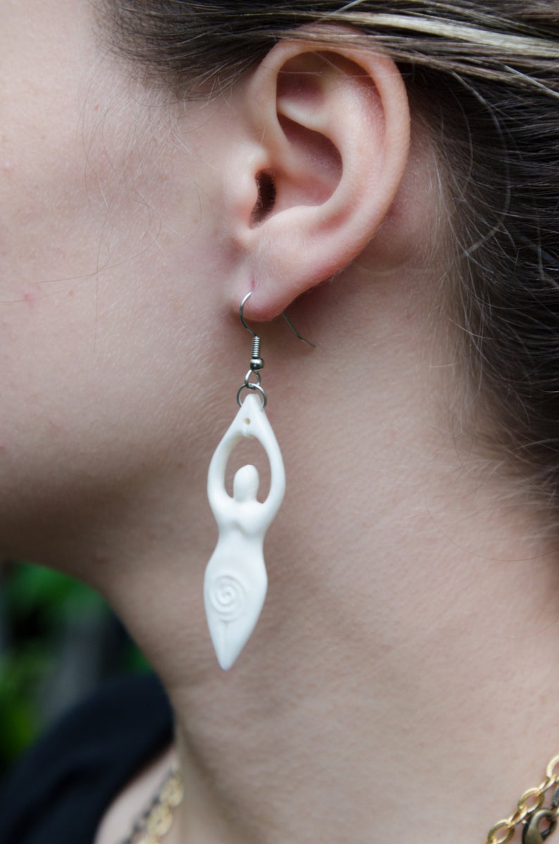 Carved Goddess Earrings Hand carved cow bone, curvy goddesses, surgical steel ear wires, boho jewelry, sacred spiral swirls image 2
