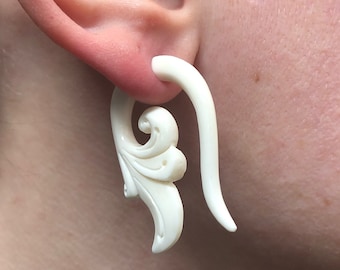 Fleur Bone Faux Gauges ~ hand carved cow bone fake gauged earrings, French ornamentation design, surgical steel ear wires, regular size post