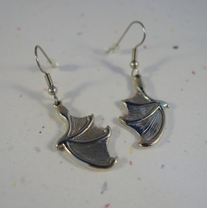 Bat Wing Earrings in White Brass ~ Silver-toned bat or dragon wings with surgical steel ear wires