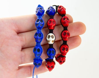 Adjustable Beaded Skull Friendship Bracelet ~ Single OR Set of 2 OR Set of 5 skull bracelets, choose from red, blue, or red/white/blue!