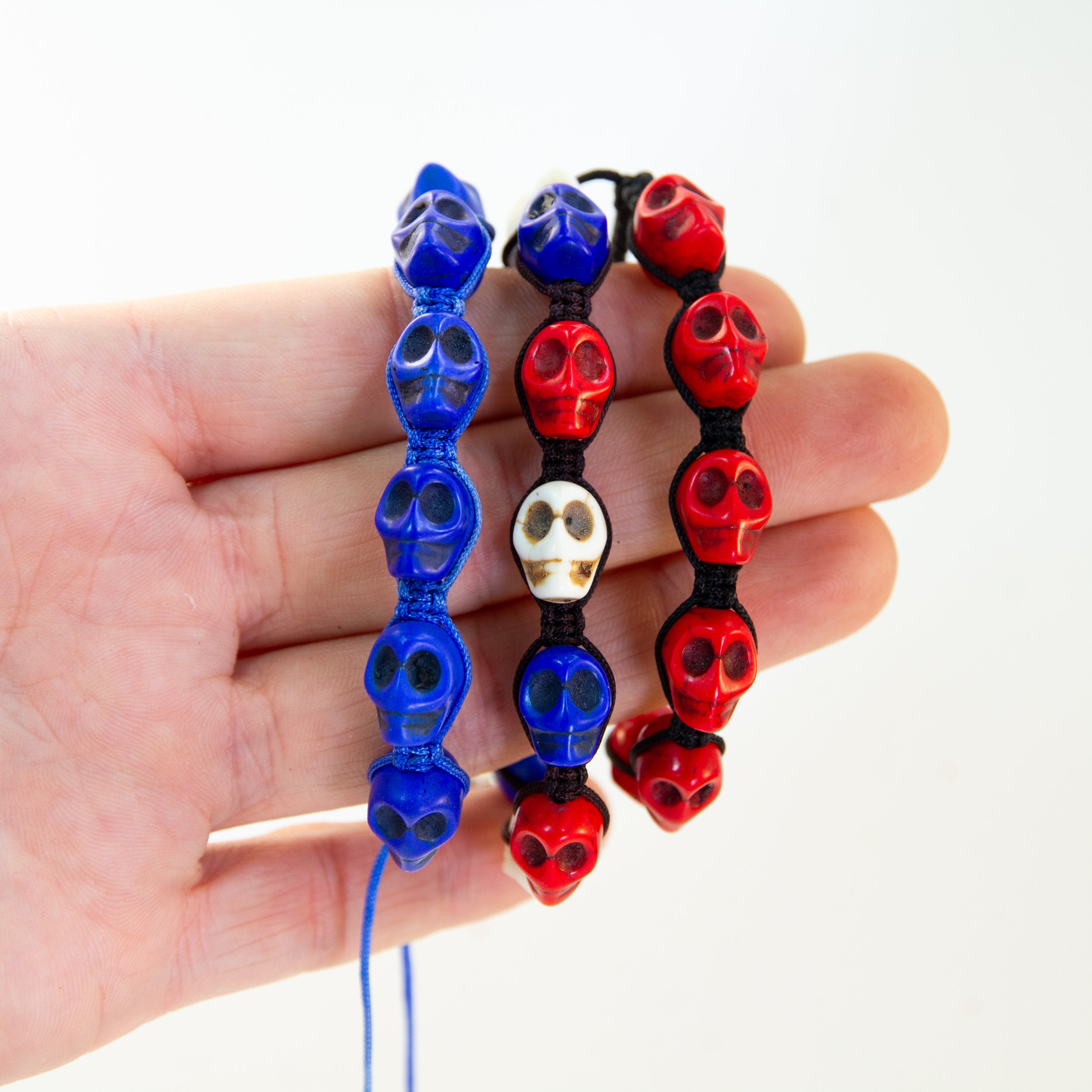 Adjustable Beaded Skull Friendship Bracelet ~ Single OR Set of 2 OR Set of 5 skull bracelets, choose from red, blue, or red/white/blue!
