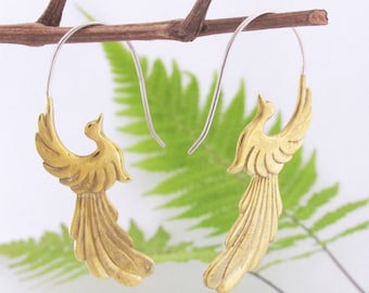 Incredible Peacock earrings~ yellow brass with sterling silver ear wires, boho jewelry, gift box