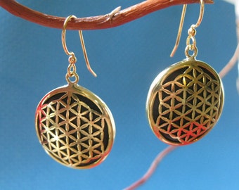 Flower of life earrings~ Yellow Brass Over ebony hardwood, boho jewelry, sacred symbols, black and yellow