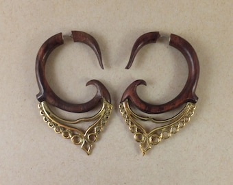Faux Gauge Moroccan inspired Wood and Brass Earrings ~ The gauged look without the commitment! Boho jewelry, surgical steel wires, gift box