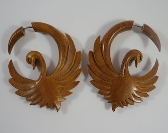 Fake Gauged Wood Swan Earrings~ Faux Gauges for regular pierced ears! Hand carved wood, surgical steel wire, boho jewelry, bird avian design