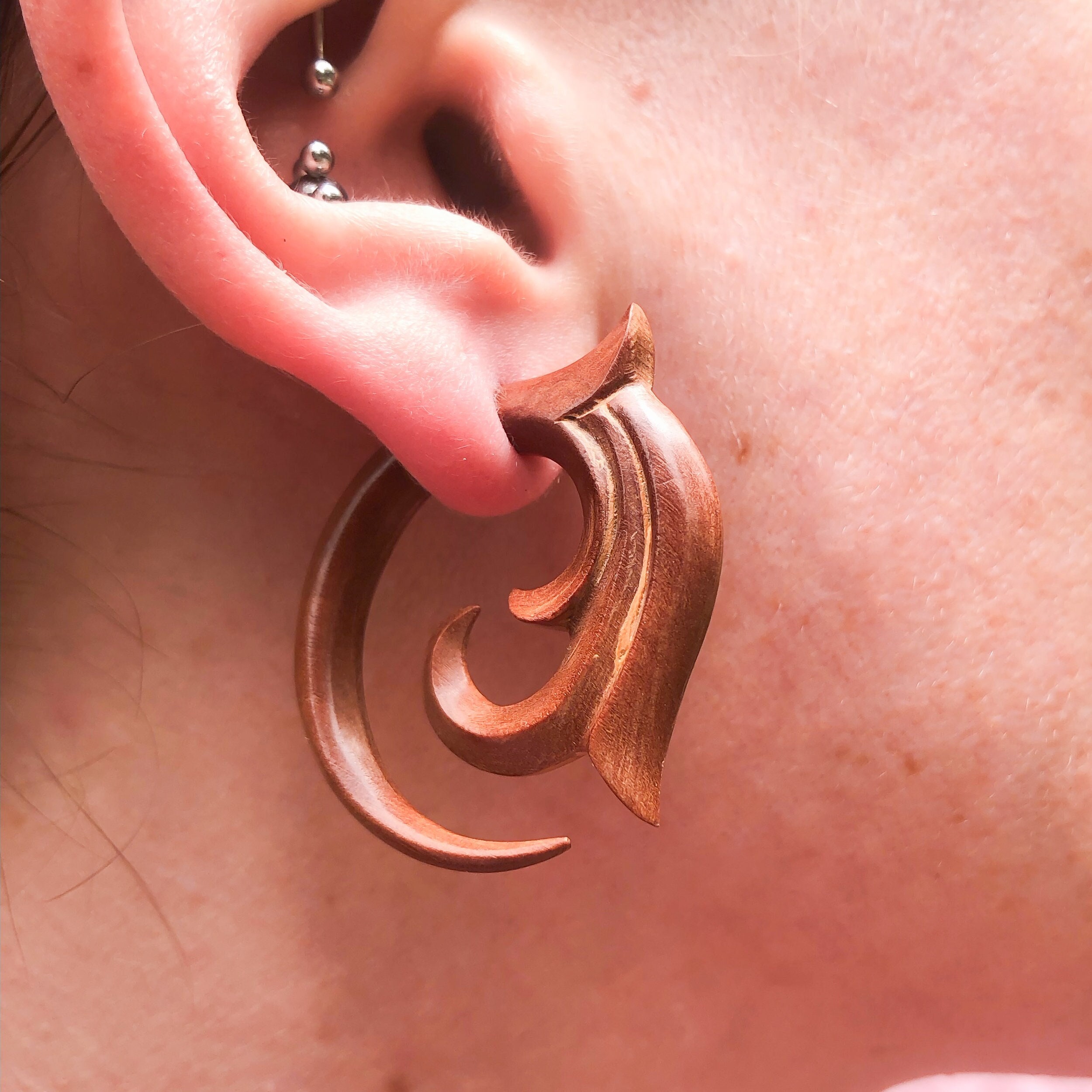 Swirling Acanthus Wood Faux Gauges ~ Fake gauged earrings, hand carved wood, surgical steel wires, hoop circular stud earrings, orange brown