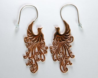 Copper Peacock Earrings~ Big long dangle peafowl earrings, stylized bird jewelry, sterling silver ear wires, nouveau swirls feathers