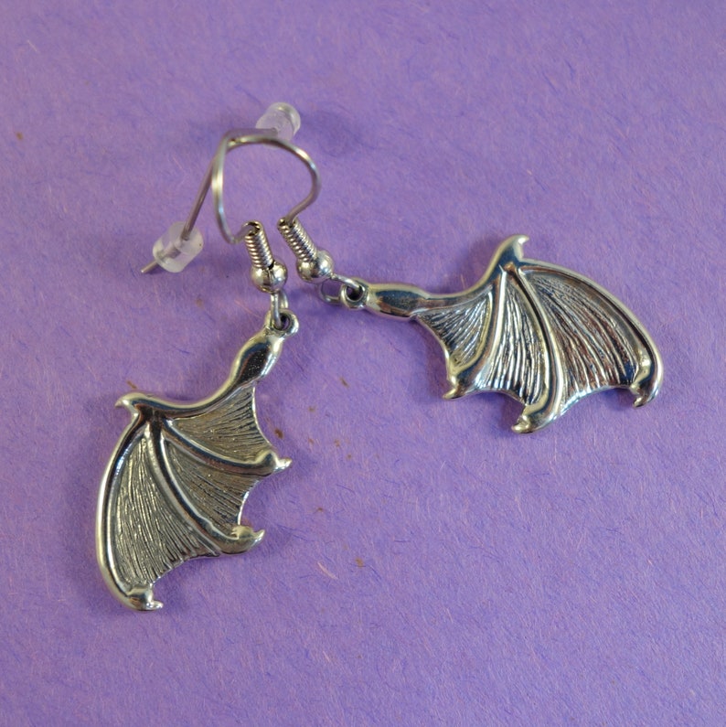 Bat Wing Earrings in White Brass ~ Silver-toned bat or dragon wings with surgical steel ear wires