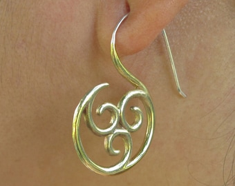 Yellow Brass Triskelion Earrings~ hand cast brass with sterling silver ear wires, triple spiral celtic design, boho jewelry
