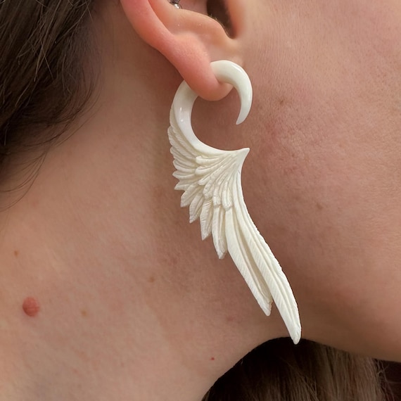 LAST CALL! Carved Bone Wing Faux Gauges ~ Fake gauged earrings for regularly pierced ears! Hand carved cow bone, stud dangle earrings, boho