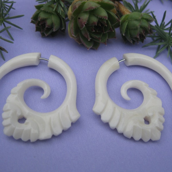 Fake Gauged Hoop Fans~ Hand Carved Cow Bone, Earrings for regular sized piercings! Surgical steel wires, boho jewelry, leaf floral design
