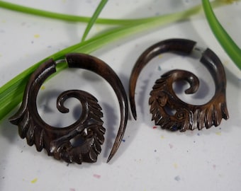 Wood Hoop Fans Faux Gauges ~ Fake gauged earrings for regular sized piercings! boho jewelry, hand carved, surgical steel wires