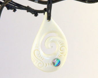 Adjustable Bone Hei Matau Koru Necklace with inlaid Paua - Maori design, Carved bone, Abalone shell, sliding knot cord, fish hook pendant