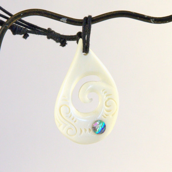 Adjustable Bone Hei Matau Koru Necklace with inlaid Paua - Maori design, Carved bone, Abalone shell, sliding knot cord, fish hook pendant