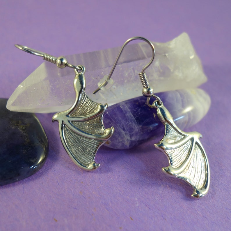 Bat Wing Earrings in White Brass ~ Silver-toned bat or dragon wings with surgical steel ear wires
