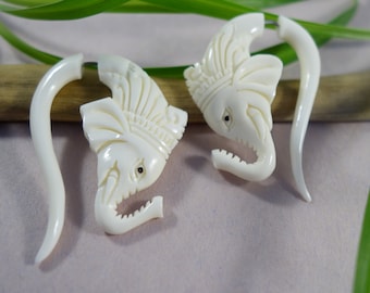 Elegant Elephant Faux Gauges~ Hand carved cow bone, Fake gauged earrings for regularly pierced ears! Boho jewelry, animal earrings