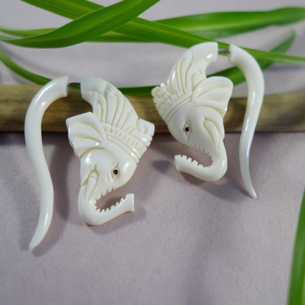 Elegant Elephant Faux Gauges~ Hand carved cow bone, Fake gauged earrings for regularly pierced ears! Boho jewelry, animal earrings