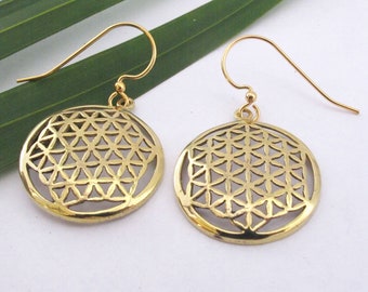 Flower of Life Yellow Brass Earrings~ Gold plated ear wires, dangle disk earrings, spiritual symbolic boho jewelry, hand cast earrings