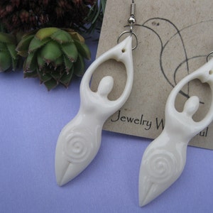 Carved Goddess Earrings Hand carved cow bone, curvy goddesses, surgical steel ear wires, boho jewelry, sacred spiral swirls image 4