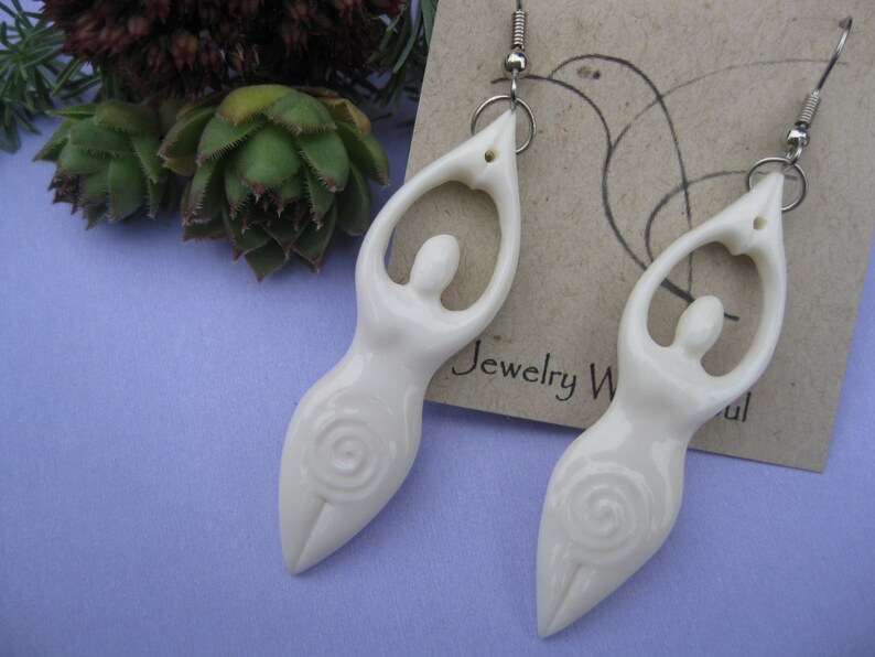 Carved Goddess Earrings Hand carved cow bone, curvy goddesses, surgical steel ear wires, boho jewelry, sacred spiral swirls image 4