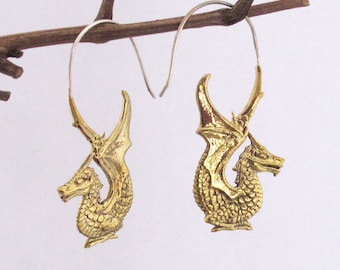 Dragon Earrings in Yellow Brass~ Hand cast earrings, sterling silver ear wires, boho fantasy whimsical jewelry, mythological mystical
