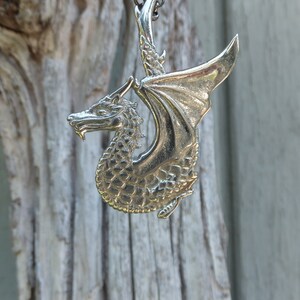 SILVER DRAGON necklace White brass, oxidized brass 20 Chain, whimsical mystical mythical fantasy magic boho jewelry image 3