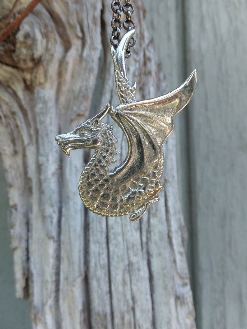 SILVER DRAGON necklace White brass, oxidized brass 20 Chain, whimsical mystical mythical fantasy magic boho jewelry image 3