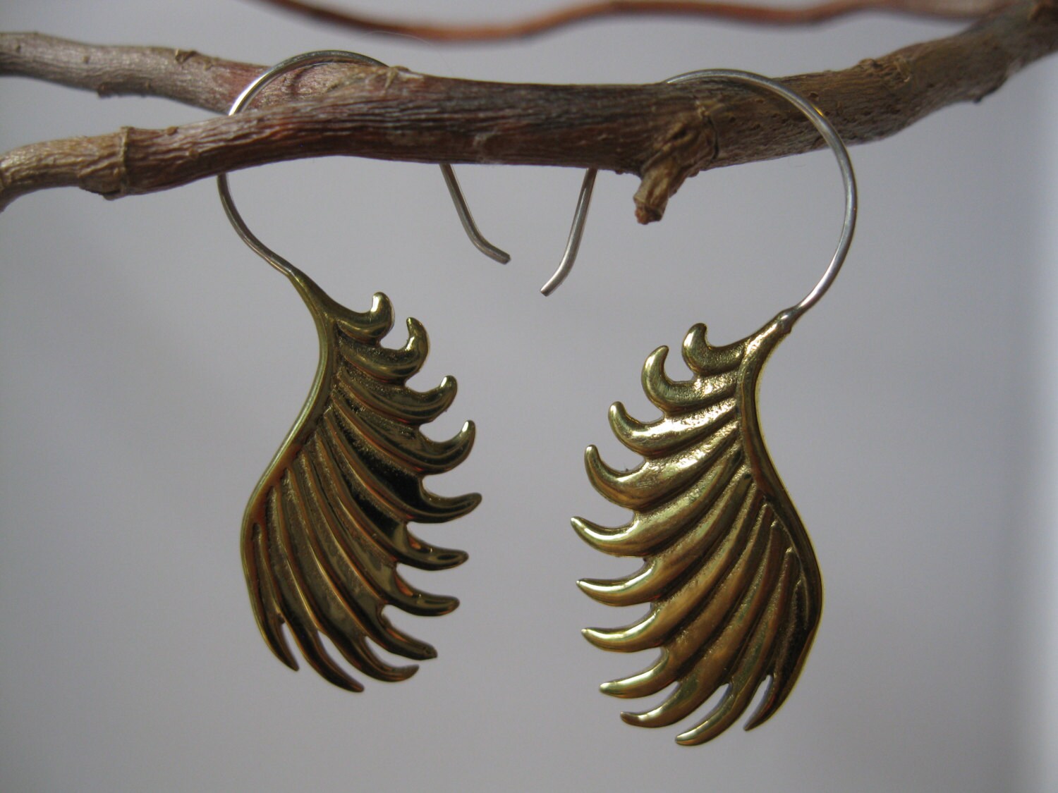 Tribal Frond earrings, Cast Yellow Brass and sterling silver ear wires, boho jewelry, reusable Gift Box!