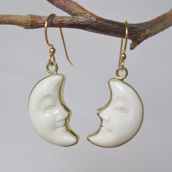 Crescent Moon Earrings ~ Hand carved bone faces in yellow brass with 14k Gold plated ear wires