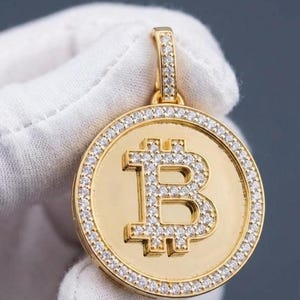 Custom Iced Out Bitcoin Pendant Yellow Gold Plated Moissanite or Diamond Medallion for Men