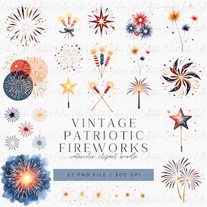 Vintage Patriotic Fireworks Clipart Bundle. 4th of July Fireworks PNG