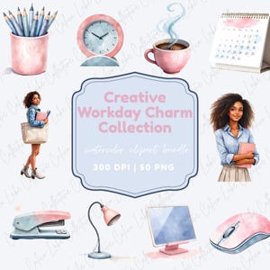Peut inclure: Ensemble de cliparts aquarelle avec des fournitures de bureau. Comprend une horloge rose, une tasse de café, un calendrier, des crayons, une agrafeuse, une lampe de bureau, un ordinateur et une souris. Le texte indique "Creative Workday Charm Collection".