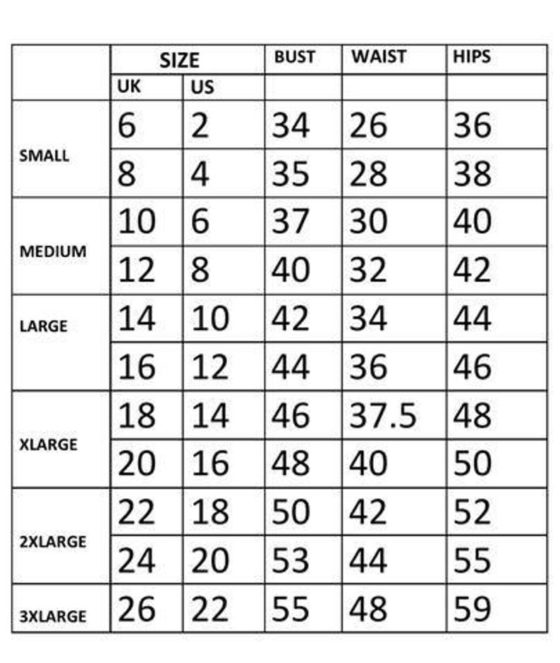 Op de afbeelding: Een zwart-witte maattabel voor kleding met kolommen voor UK- en US-maten, en afmetingen voor buste, taille en heupen in inches. De rijen categoriseren de maten van small tot 3XL en vermelden numerieke waarden voor elke lichaamsafmeting.