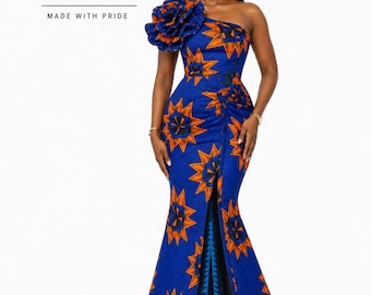Afrikanskt tryckt A-linjeklänning | Ankara-klänning med en axel | Snygga damkläder | Lång Ankara-klänning | Elegant afrikansk modeoutfit