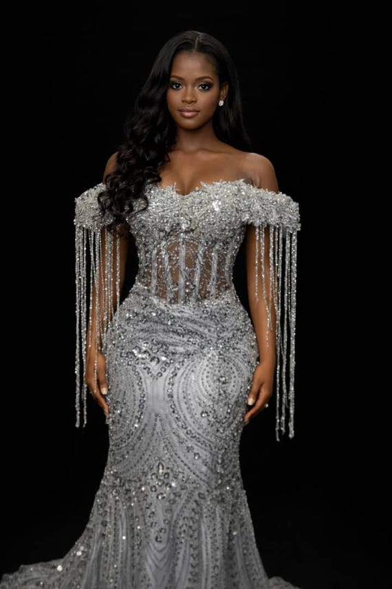 Silver Corset Prom Dress, Beaded Corset Prom Dress, Beautiful Dinner Bridal Dress, Beaded Corset Wedding Dress, Elegant Bridal Wedding Dres