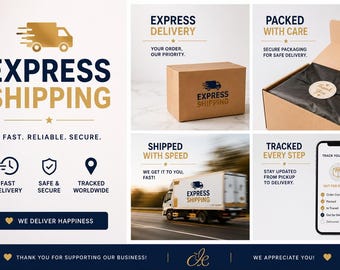 Op de afbeelding: Een meerdelige afbeelding met details over expresverzending. Het toont een bruine kartonnen doos, een pakket met zwart vloeipapier en een bedanksticker, een bestelwagen op de weg en een smartphone die een scherm met de bezorgstatus weergeeft.