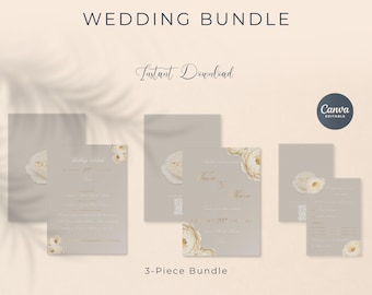 3-delige trouwbundel, bewerkbaar canva bloemdessin, Aurea-collectie, uitnodiging, RSVP-kaart, bruiloftdetails
