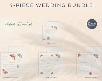 Wedding Bundle Template, Editable Canva Suite, Save the Date, Invitation, RSVP, Details Card