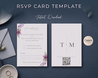 Plantilla de tarjeta de confirmación de asistencia para bodas, diseño floral morado editable en Canva, colección Viola, doble cara.