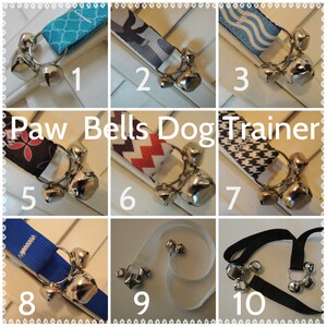 May include: Ten different styles of dog training bells with various colors and patterns. The bells are attached to a ring and are designed to help train dogs to signal when they need to go outside.