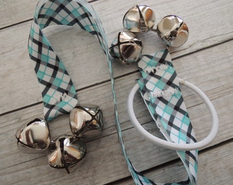 Paw Bells, Dog Housebreaking Potty Trainer, Teal and Black Plaid, Instructions Included, Fast Shipping, Optional Hook Add On