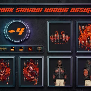 May include: A design concept for a "Dark Shinobi Hoodie" is displayed. The image showcases various design mockups, including illustrations and a hoodie with a detailed graphic. The color palette is dominated by black, red, and orange, with the text "Dark Shinobi Hoodie Design" at the top.