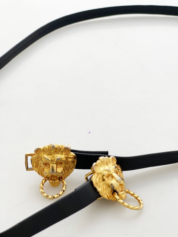 Gold Lion Statement Belt - Vintage slim black faux