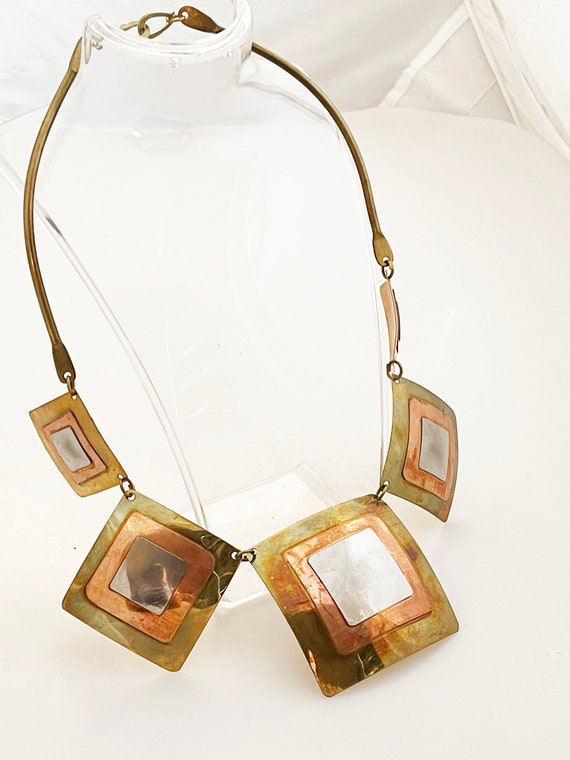 Tri Color Metal Necklace - Vintage handmade large 