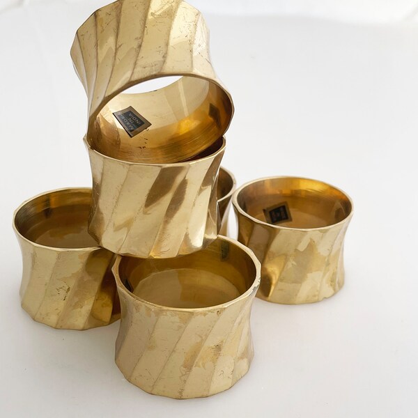 Solid Brass Napkin Rings- Vintage set of 6 large oversize brass round rings twisted metal entertaining formal table detail  80's 90's